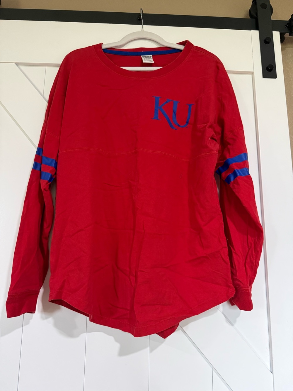 PINK Victoria's Secret Red Long-Sleeve Tee with Blue KU Logo and Sleeve Stripes